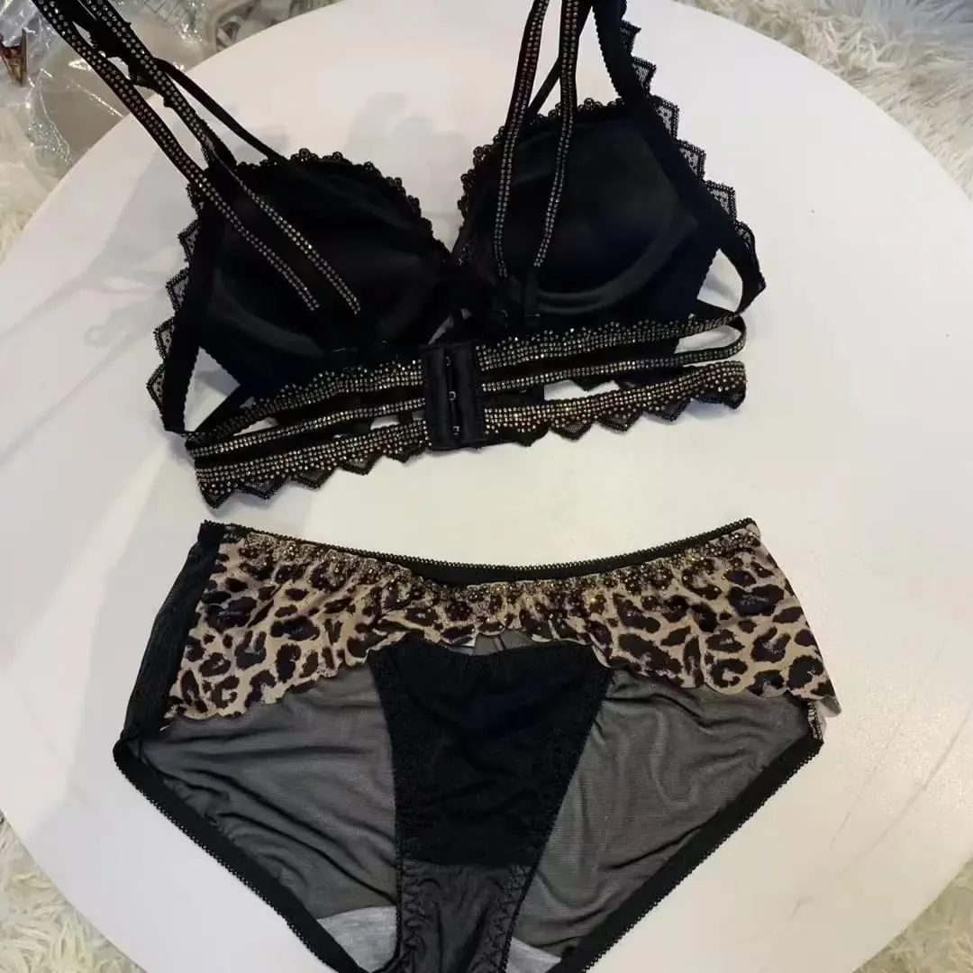 (Bralette Voor Kleine Borsten) Nieuwe Strass Luipaard Print Verdikte Lingerie Kleine Borsten Verzamelen Hol Vrouwen Bh Set — image 6