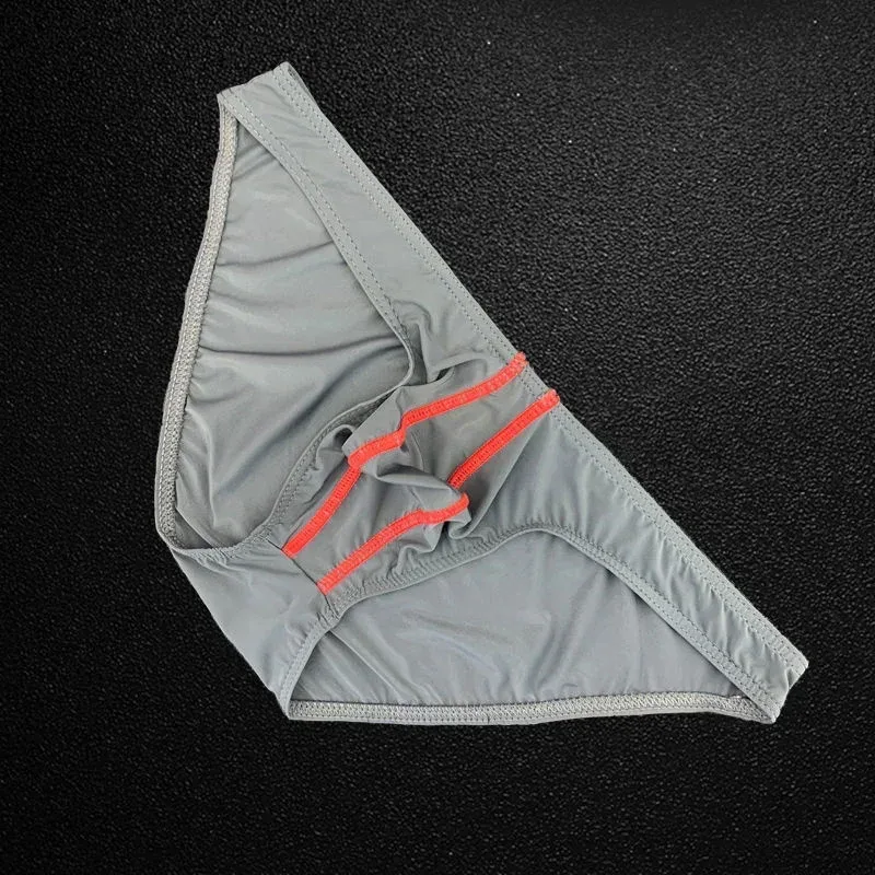 Two Line Stripe Ice Silk Briefs for Men Plus Size Underwear Sexy U Convex Lingerie Low Waist Bugle Pouch Male Panties
