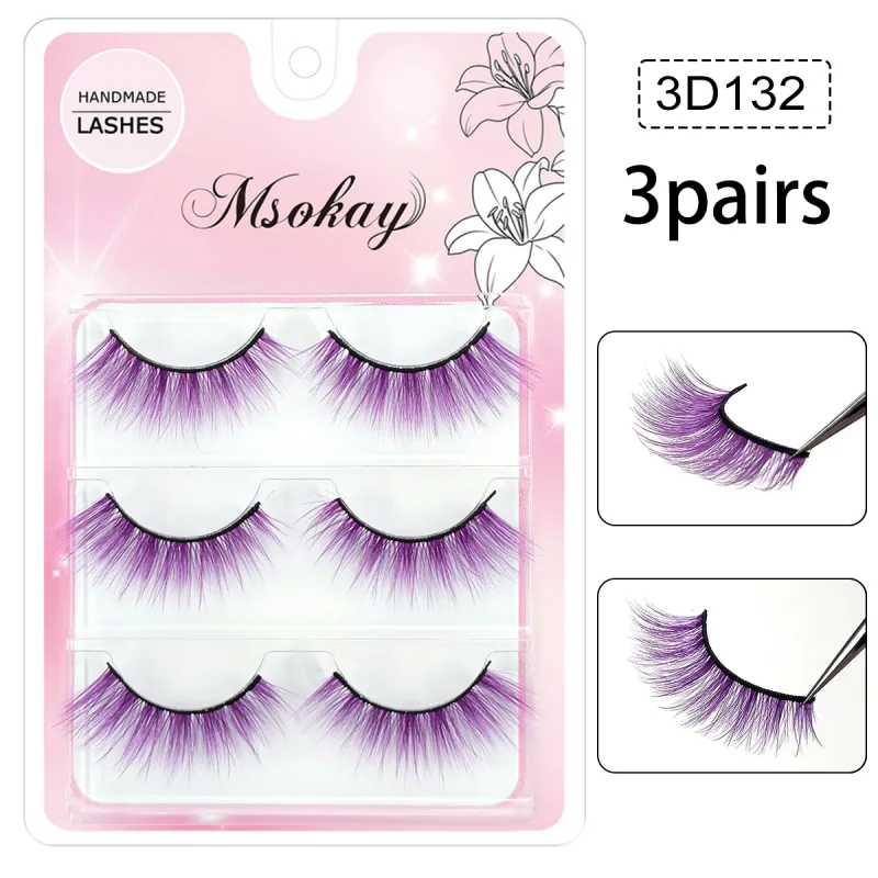 3 คู่สายรุ้งสีขนตาสีน้ำตาลคอสเพลย์ขนตาปลอมสีบลอนด์แต่งหน้า Eye Lashes สีสันสีฟ้าฮาโลวีนมังสวิรัติ Cilias