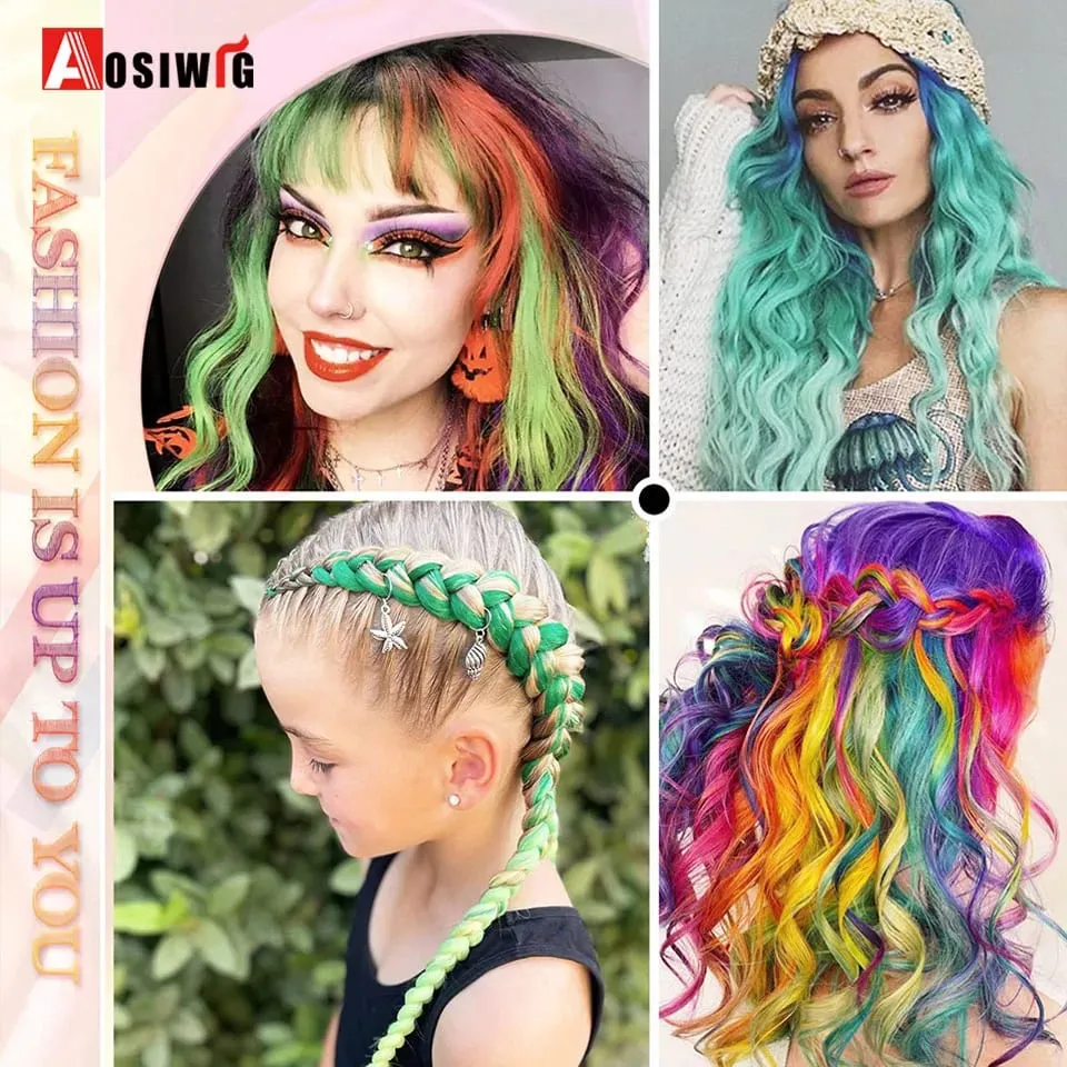 Extensions de cheveux synthétiques lisses et longues à reflets arc-en-ciel, 22 pouces, Clip en une seule pièce, ombré rose violet vert jaune pour femmes — image 7