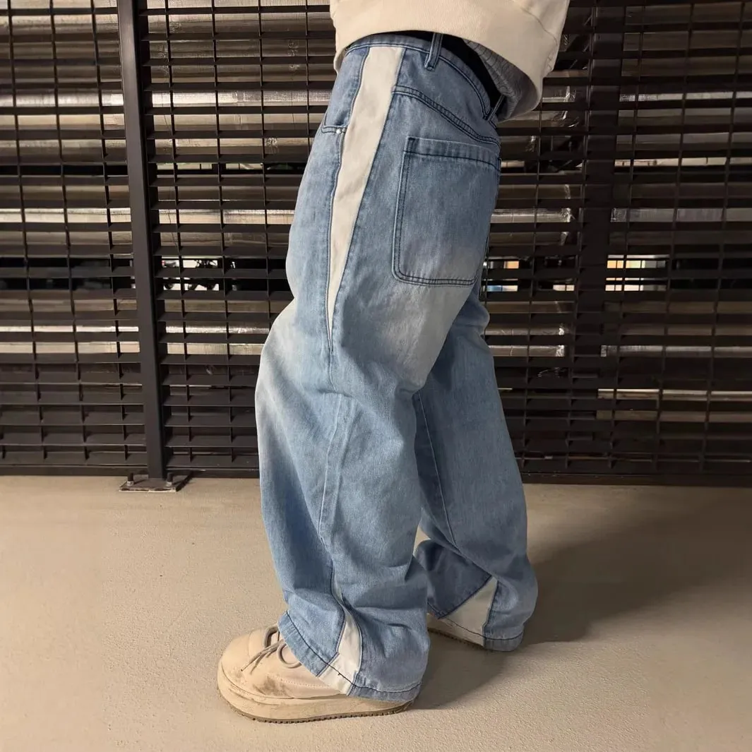 Geniş Bacak Kot Erkekler Düz Pantolon Vintage Patchwork Yıkanmış Sıkıntılı Orta Bel Cepler 2025 streetwear denims Gevşek Pantolon