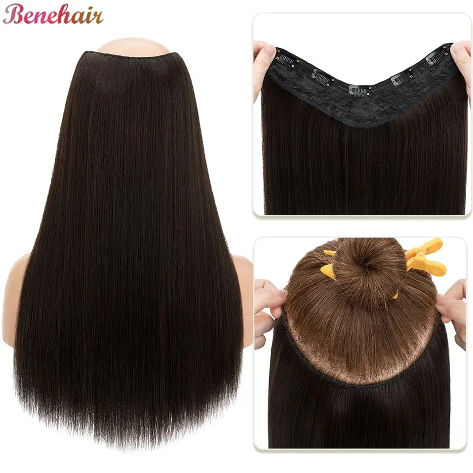 Benehair 18 インチ 160 グラム V 字型ストレート人工毛ワンピースクリップヘアエクステンションヘアクリップかつら完全な頭 — image 2