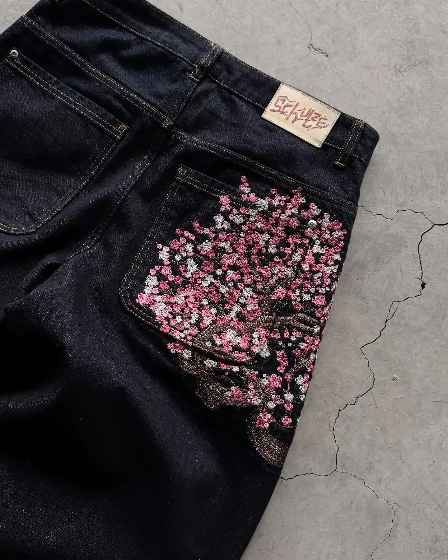 Harajuku Patchwork Kersenbloesem Borduren Denim Broek Y2k Vintage Vrouwen Baggy Rechte Wijde Pijpen Jeans Straat Mannen Kleding — image 3