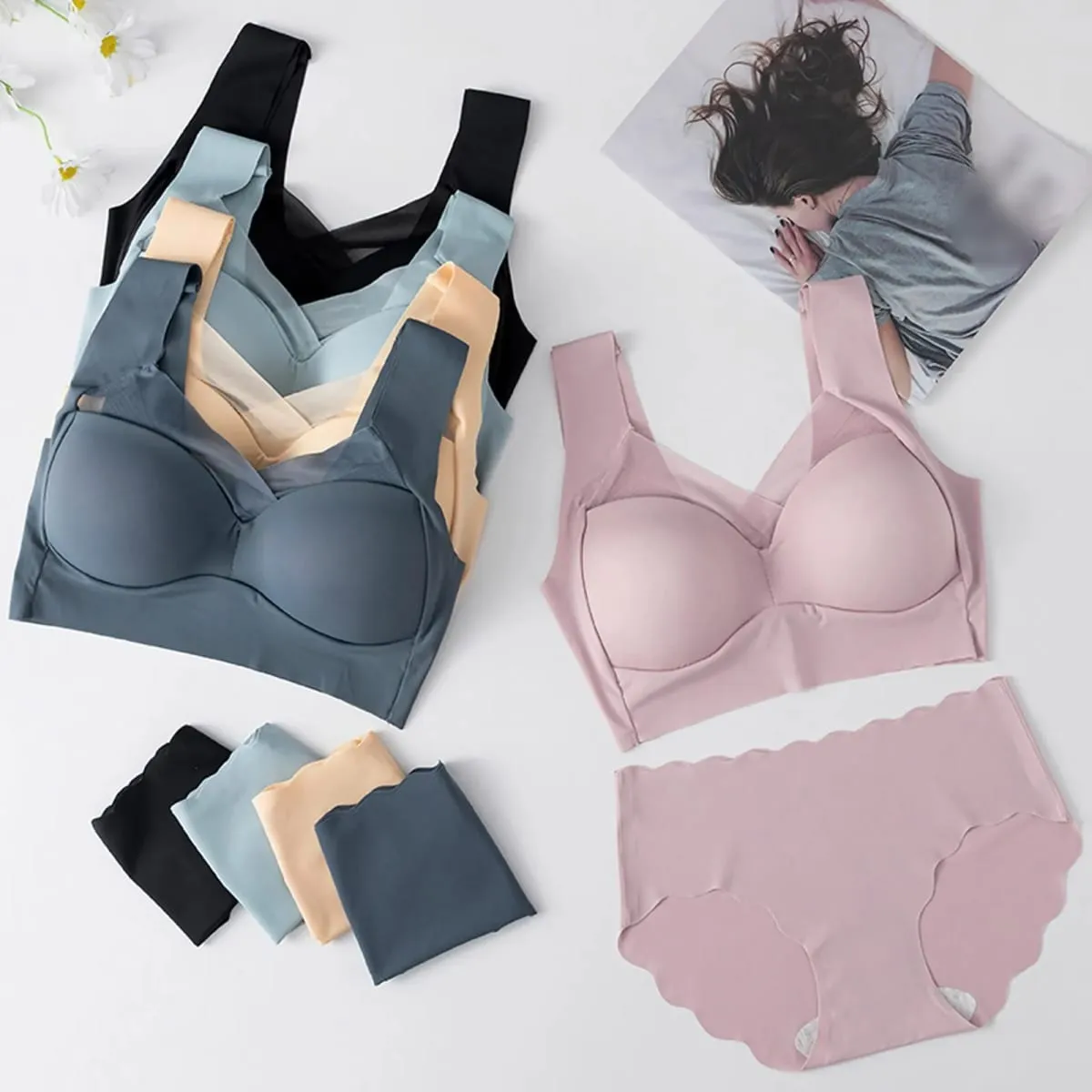 Women Seamless Underwear Set Wireless Ice Silk Thin Back Beauty T Shirt Bra And Smooth Panty Set Solid Color Lingerie Suits — image 2