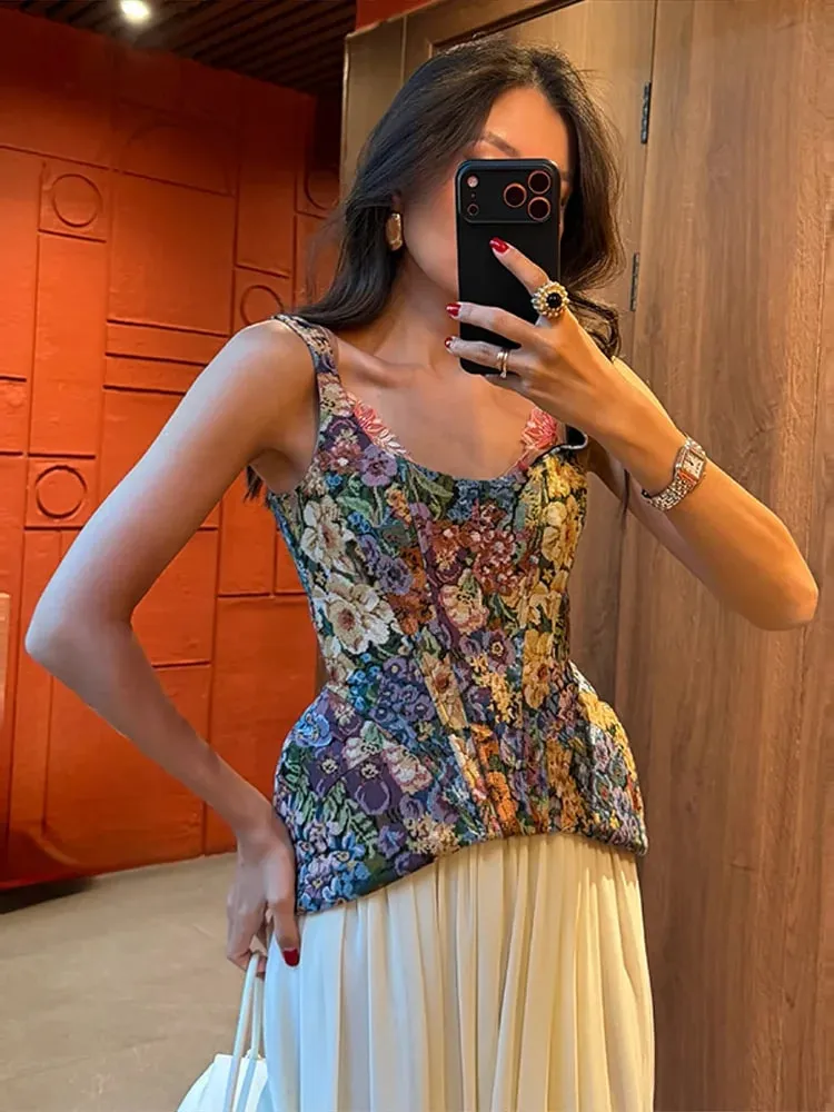 Floral Print Cami Corset Top Thin Straps U Neck Structured Waist Pointed Hem Vintage 2026 Spring Summer Vacation Lady Chic Top — image 2