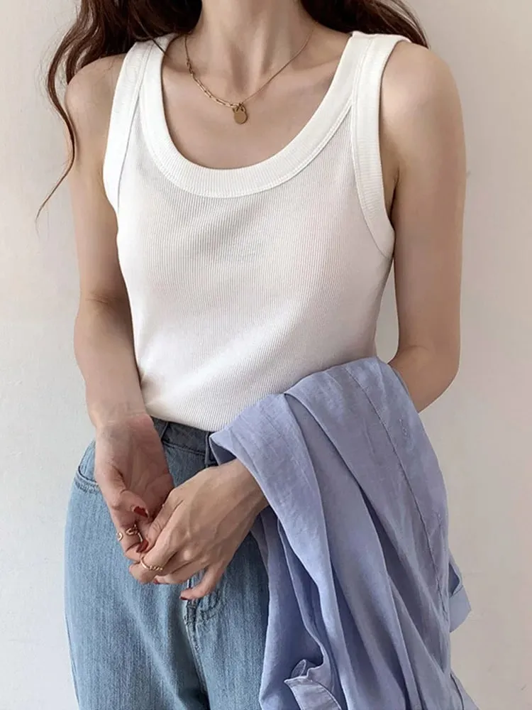 Tank Top Warna Polos Rajutan Musim Panas Kamisol Ramping Putih Kaus Kamisol Dasar Wanita — image 10