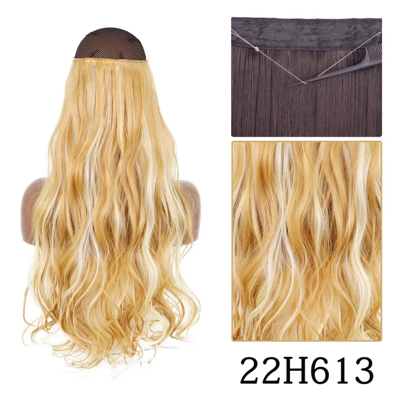 Estensioni dei capelli sintetiche senza clip regolabili con linea di pesce, parrucchino naturale biondo marrone ondulato lungo resistente al calore per le donne — image 19