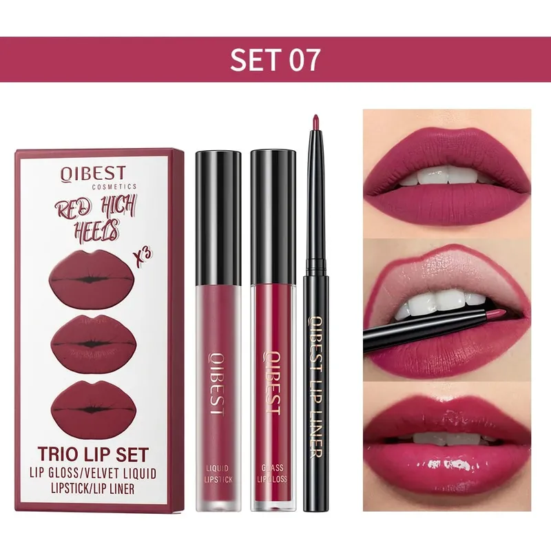 Lipstik Cair Matte & Lip Liner & Lip Gloss 3 Buah Set Kit Kosmetik Pewarna Bibir Merah Hitam Ungu Tahan Lama Anti Lengket — image 16