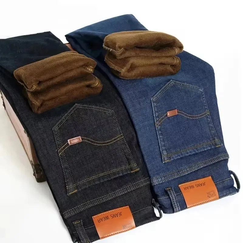 Jeans da uomo foderati in pile riflettente - Fodera spessa e calda Denim resistente e finiture riflettenti Sicuri per gli spostamenti notturni invernali e il tempo libero — image 2