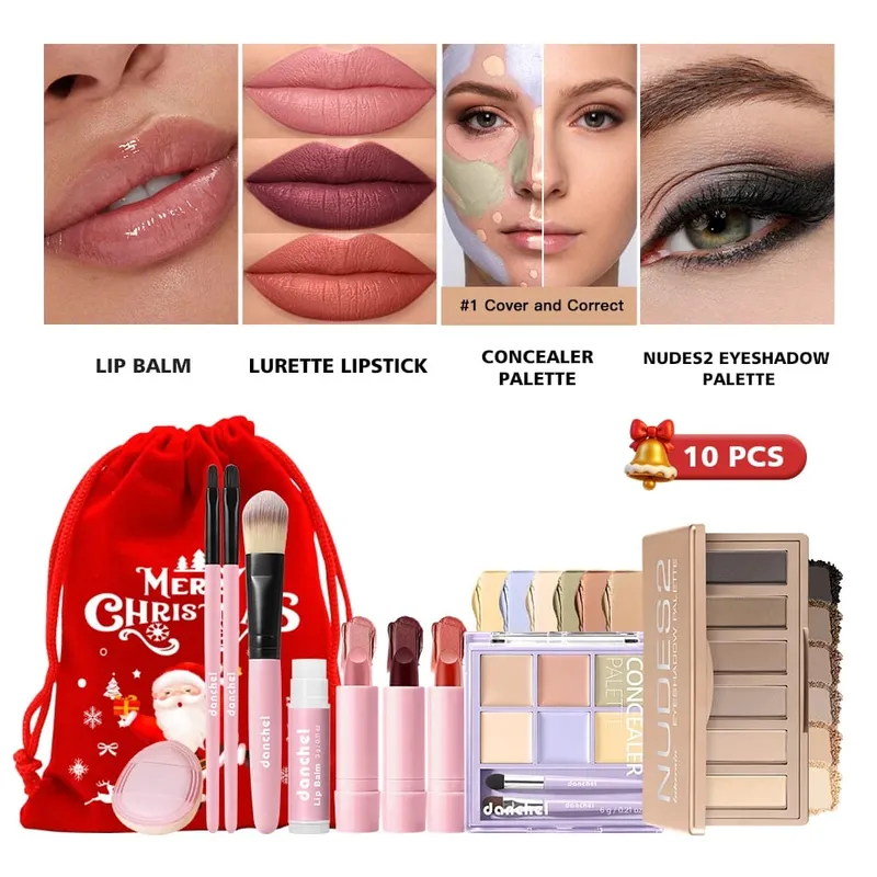10 keping Balsem Bibir Gincu Palet Penyamaran Palet Pembayang Mata Bogel Berus Mekap Xmas Beg Serut Hadiah Krismas Wanita Mekap