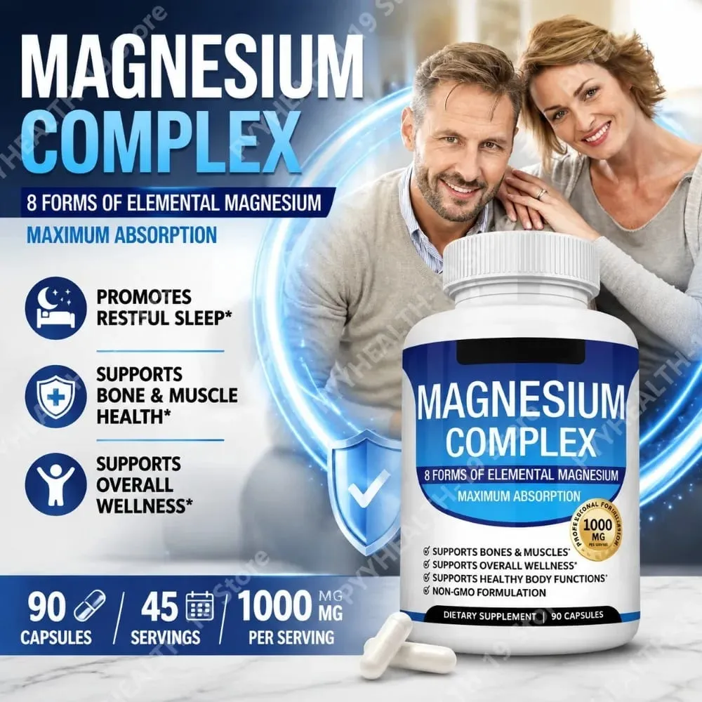 Kapsul Kompleks Magnesium 8 Bentuk 1000mg Oksida Glisinat Malat Untuk Tidur Otot & Kesihatan Tulang Sokongan Dewasa 90 Kiraan — image 1