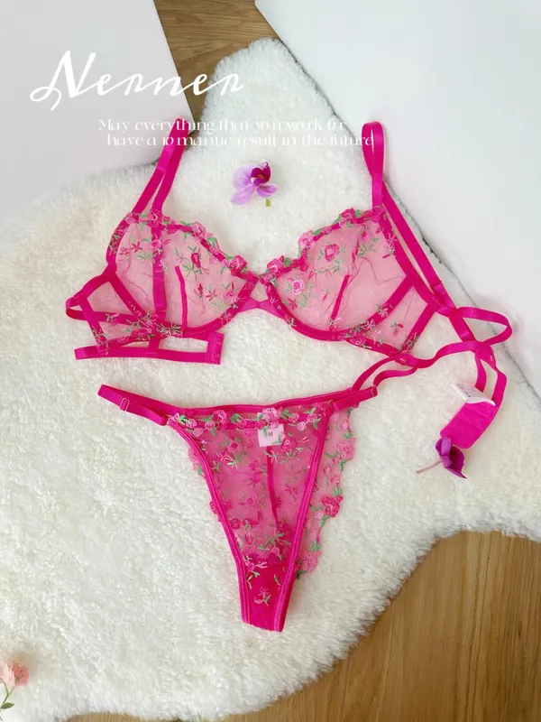 Set Bra Sulaman Renda Bunga Lutsinar Seluar Dalam Minimizer Nipis Musim Panas Lembut Bernafas Payudara Penuh Wanita Di Rumah Pakaian Harian S-XL — image 8