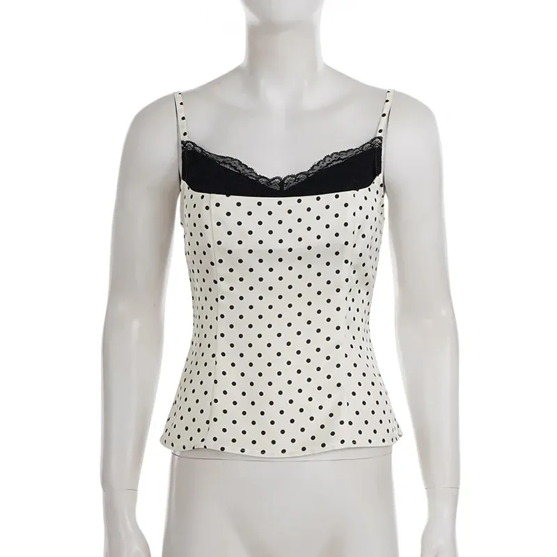 Chic Lace Patchwork Polka Dot Camis Tops Elegantเสื้อแขนกุดฤดูร้อนสบายๆสวมใส่ทุกวันStreetwear Camisole 2026