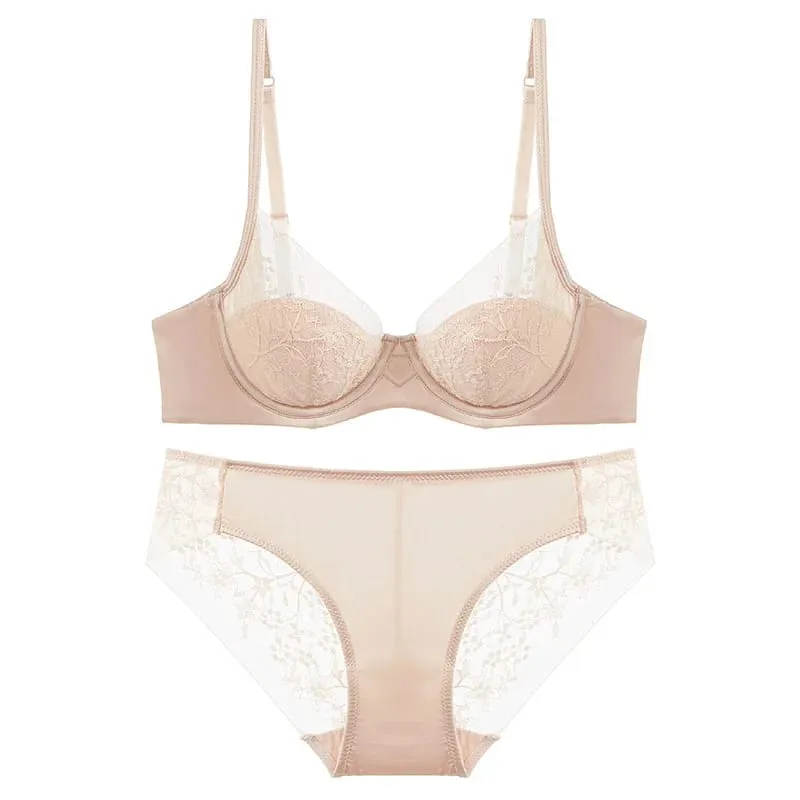 Dünne Cups, leicht gefüttert, Mesh-Blumenspitze, Push-up-BH und Höschen-Set, schöne Unterwäsche für Damen, Büstenhalter, sexy Dessous — image 4