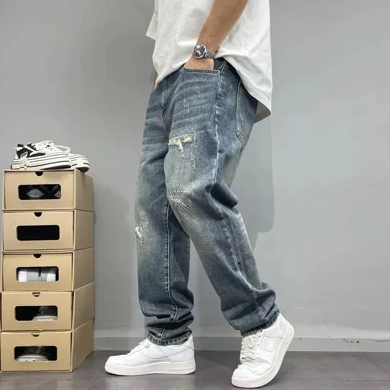 2025Heavy Duty Washed and Scraped Denim Men's Trendy High-end Embroidered Printed Loose Tapered Straight Leg Jeans — image 3