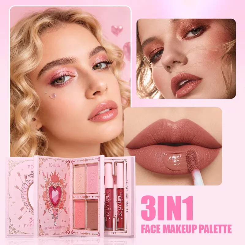 Pink Heart Decor Full Face Makeup Combo 9 Neutral Eye Shades 4 Cheek Tints 4 Nude Matte Lip Gloss Portable Design — image 4