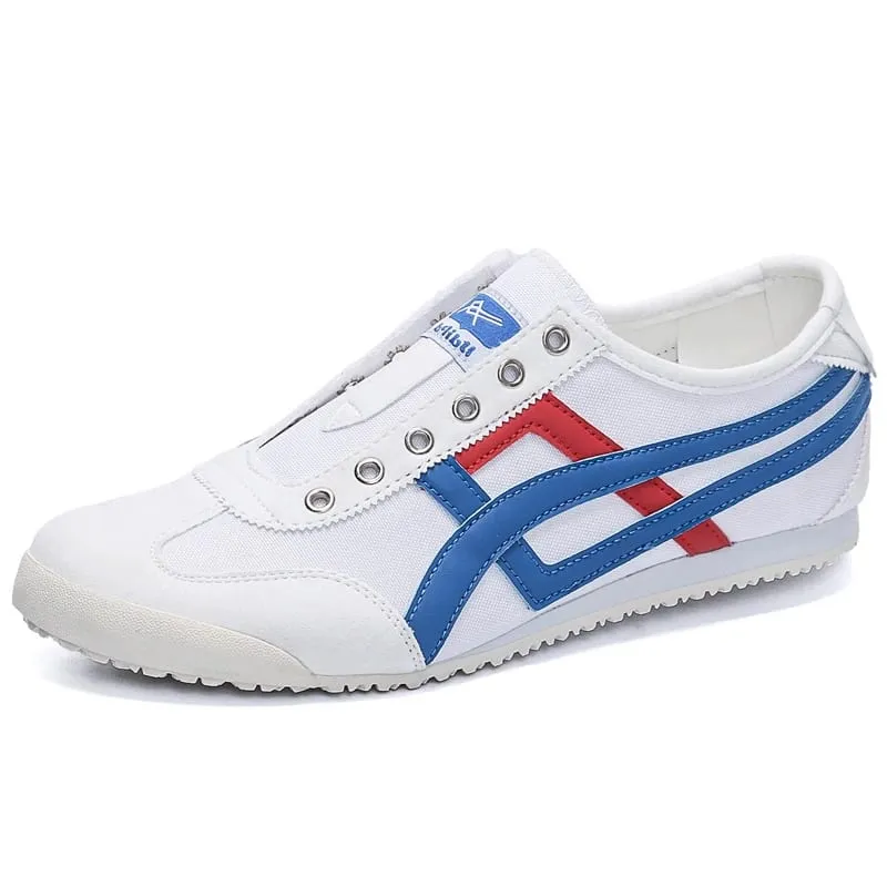 Men's Striped Canvas Sneakers Low Top Casual Walking Trainers with Extra Laces Flat Trainer Shoes Dual Wear Lace Up or Slip On — image 4