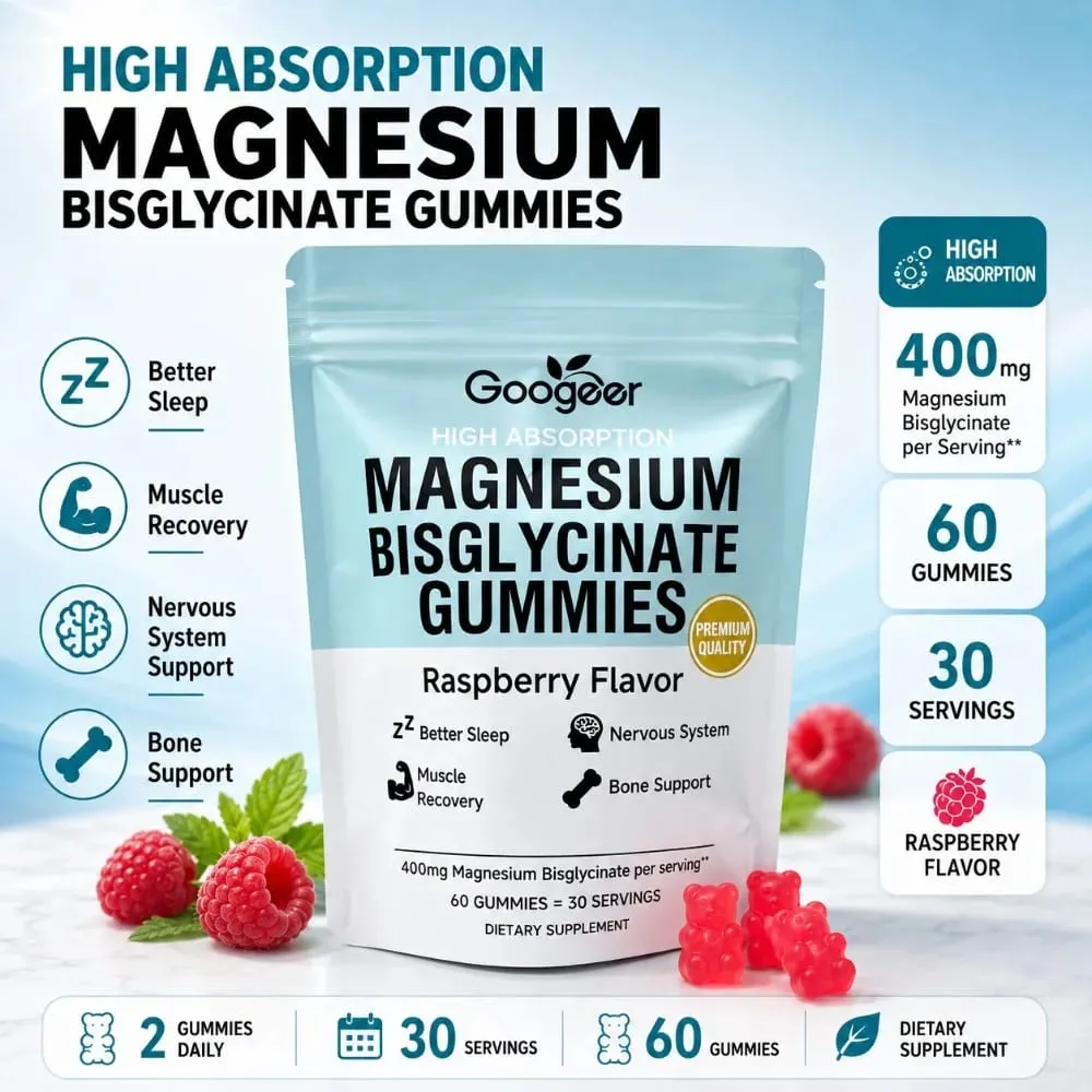 Gummies au bisglycinate de magnésium, saveur de framboise, 400 mg de magnésium, vitamine D3, Zinc, haute Absorption, 60 unités, supplément quotidien — image 2