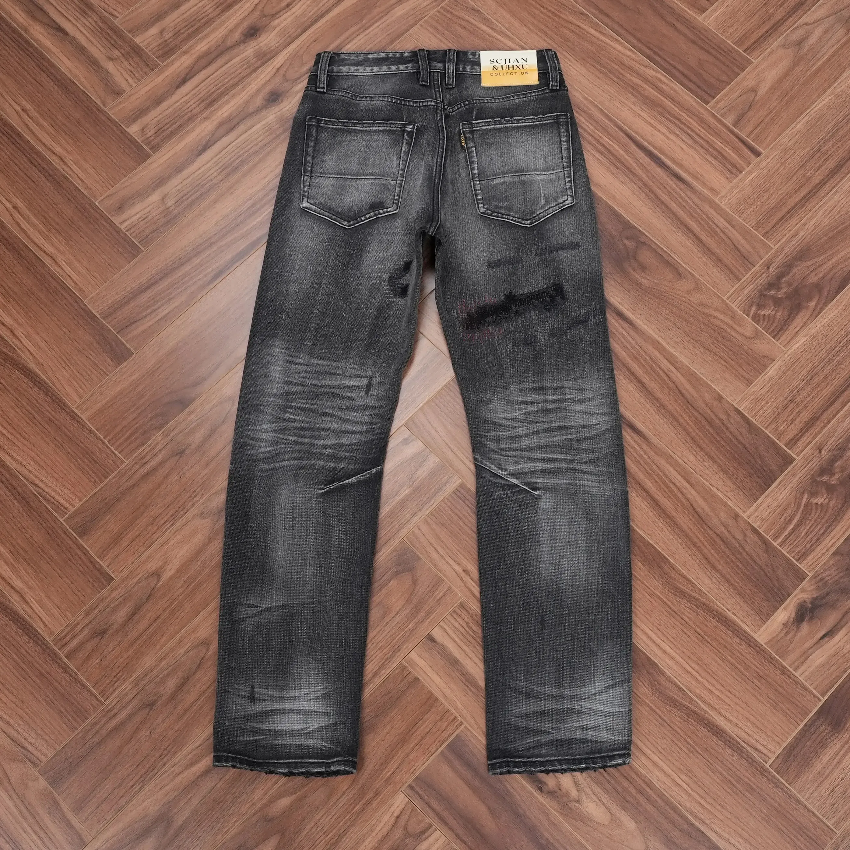 Bahar Yıkanmış Siyah Gri Denim Kot Erkekler için Yırtık Delik Sıkıntılı Tasarım Düzenli Düz Bacak Rahat Trendy Rahat Pantolon — image 2