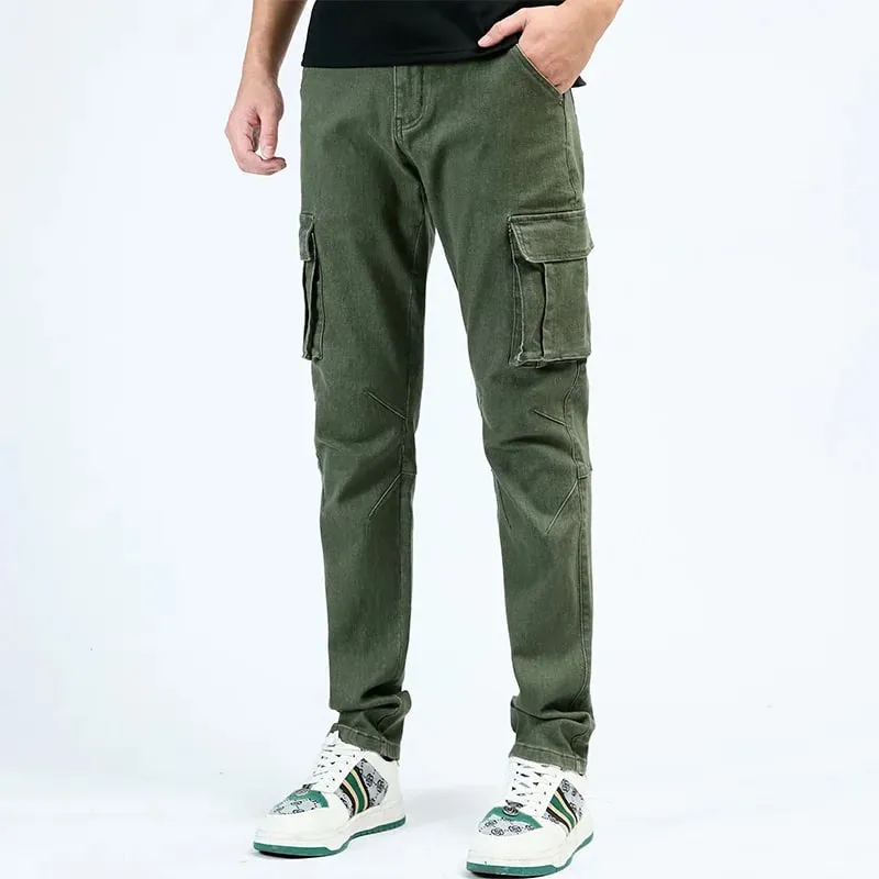 Pantalones Cargo de Mezclilla con Cintura elástica Estilo Callejero para Hombre, Vaqueros Informales de Corte Entallado y Lavado de Color sólido con múltiples Bolsillos para Uso Diario