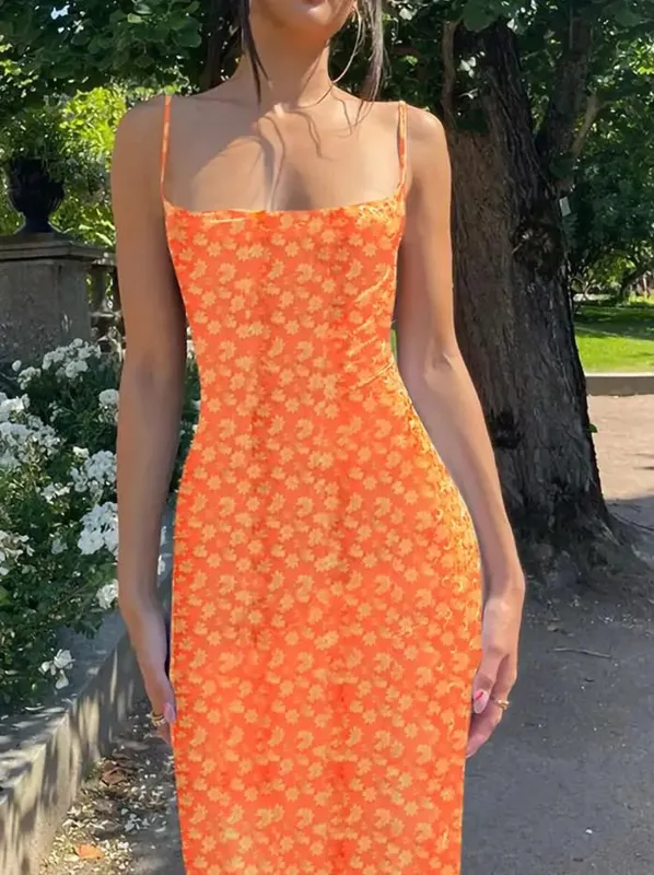 Y2K Blumendruck Spaghettiträger, figurbetontes Sommerkleid, tiefer V-Ausschnitt, langes Kleid, sexy rückenfreie Sommerkleider, Streetwear — image 11