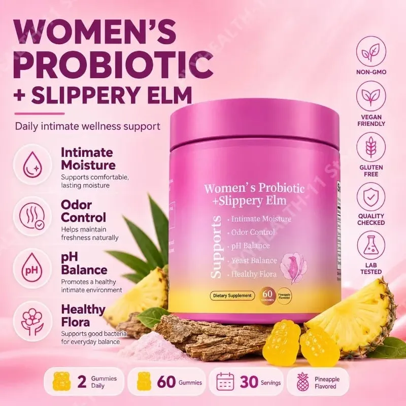 Gummies Probiotik Kesejahteraan Wanita dengan Keseimbangan PH Elm Licin dan Sokongan Flora untuk Wanita Perisa Nanas 60 Kiraan — image 1