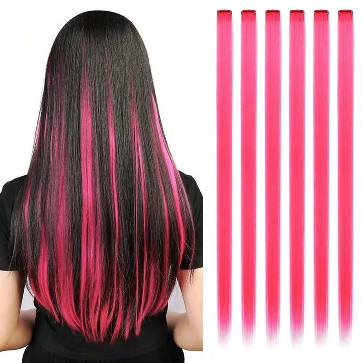 6 Pcs Clip Extensions Synthetic 24 Inch Colored Hair Extensions Party Highlights Long Straight Hairpieces for Women Kids Girl — image 9