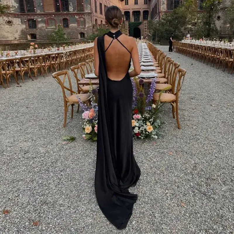 Robe longue en Satin pour femmes, dos nu, col en V, sans manches, fente, couleur unie, Sexy, Robes de soirée, vacances, été, 2026 — image 20