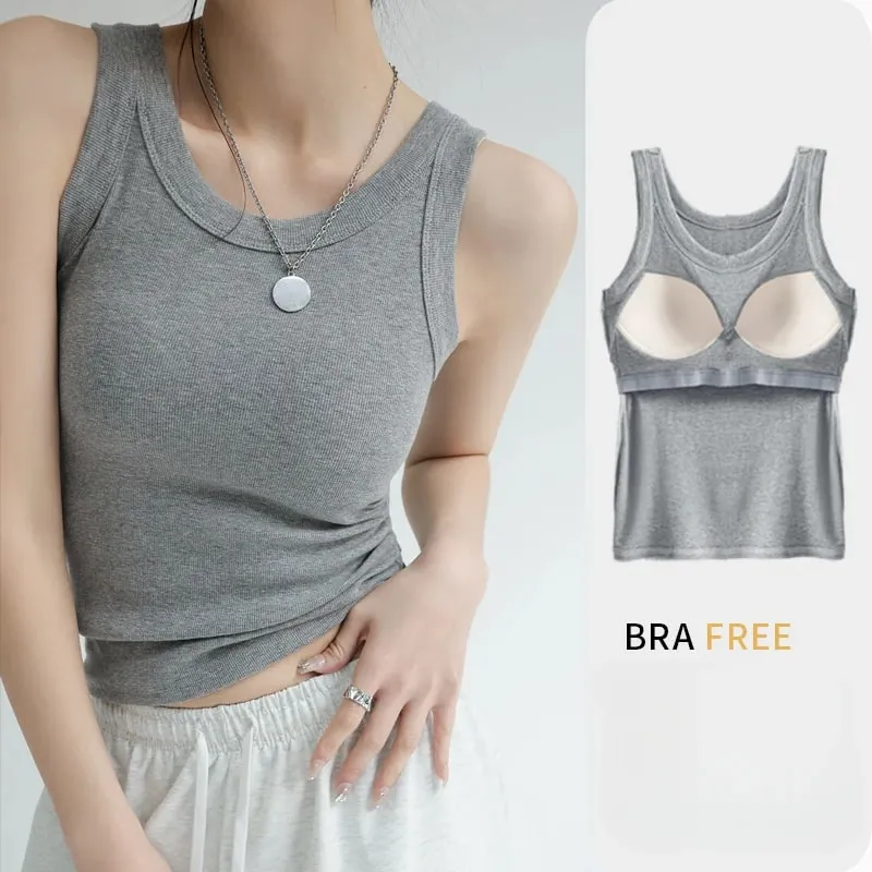 New Women Solid Round Neck Ribbed Tank Top Camisole Women Summer Basic Elastic TankTop One-piece Vest with Chest Pad Y2k — image 2
