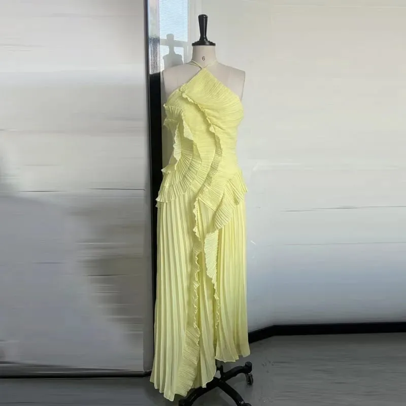 Elegantสายคล้องคอRufflesชุดราตรีของแข็งพับสายลูกไม้ขึ้นBacklessชุดพรรคเซ็กซี่ 2025 ใหม่ปาร์ตี้วันหยุดy2k Robe — image 4