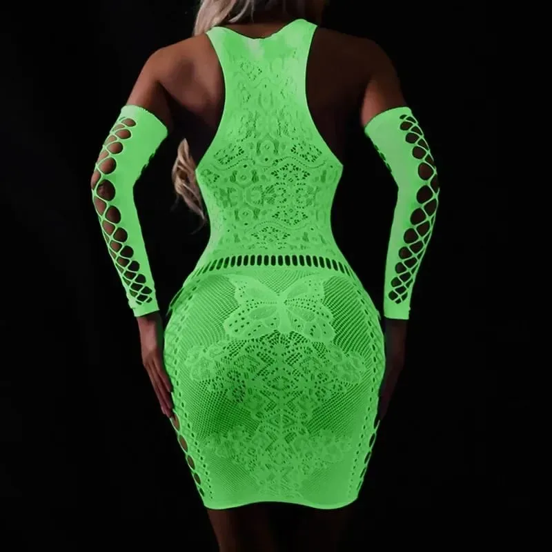 Fishing Net Transparent Women's Sexy Two Piece Set Fluorescent Open Crotch Bodystockings Dance Party Club Luminous Sex Clothes