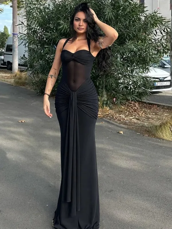 Nibber Halter Mesh Patchwork Dress Women Summer Trend Off Shoulder Backless Ruched Ribbon Midnight Prom Party Hipster Vestidos