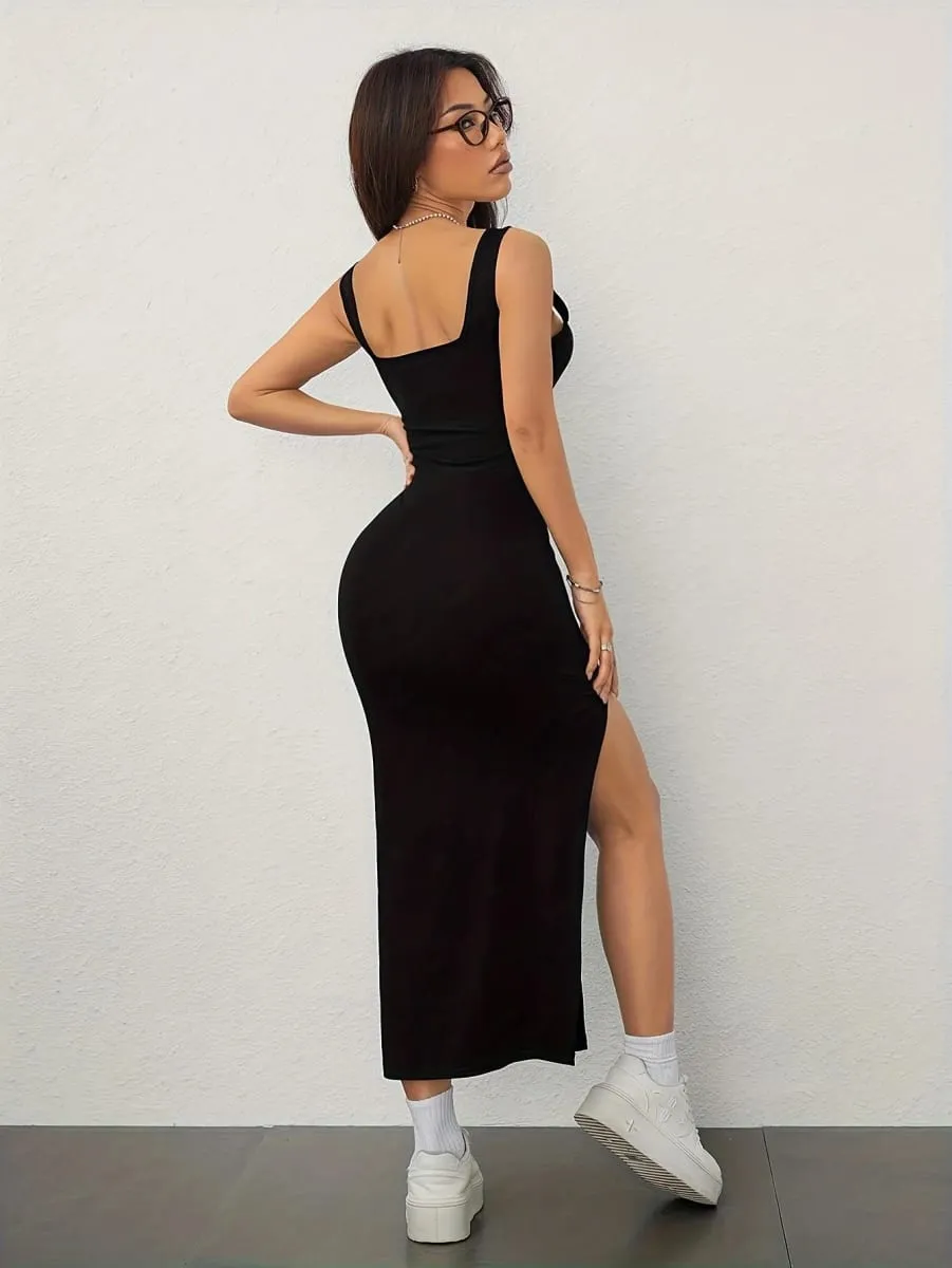 Robe Sexy et élégante pour femmes, col carré, épaules dénudées, dos nu, fendue aux hanches, à bretelles, printemps/été — image 3