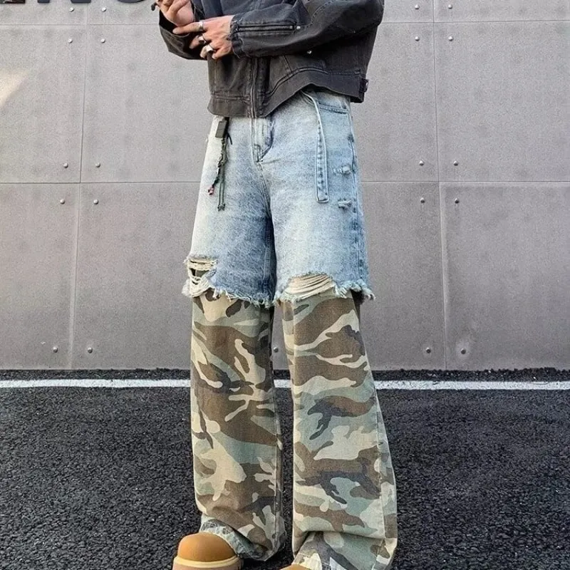 Street Patchwork Ripped Camouflage กางเกงยีนส์ Baggy ปลอม 2 ชิ้นล้างกางเกงยีนส์ Vintage Y2K Camo Cargo Straight Jean Man — image 5