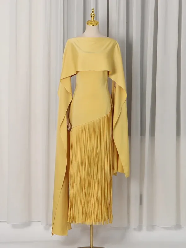 Gaun Chic Rumbai Sambungan Longgar Solid untuk Wanita Gaun Elegan Mewah Tanpa Lengan Leher O Fashion Musim Panas Wanita Baru