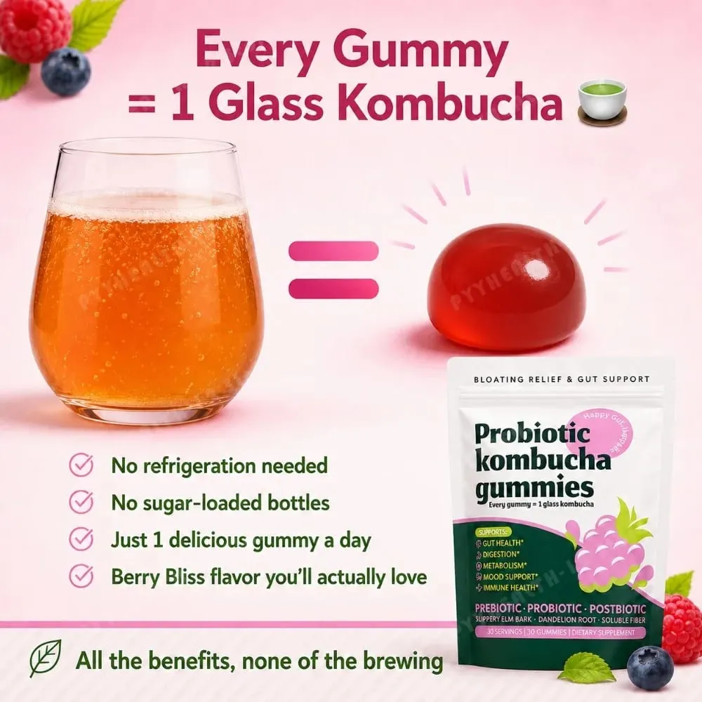 Probiotic Kombucha Gummies Every Gummy 1 Glass Kombucha Prebiotic Postbiotic Digestive Gut Health Vegan Berry Bliss 30 Gummies — image 4