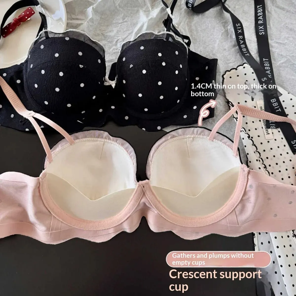 Zweiteiliges Set mit gepunktetem Spitzen-BH, kleine Brust, Raffung, Anti-Sagging-Seitenbrust-Kollektion, bequemes, kabelloses Dessous-Set — image 5