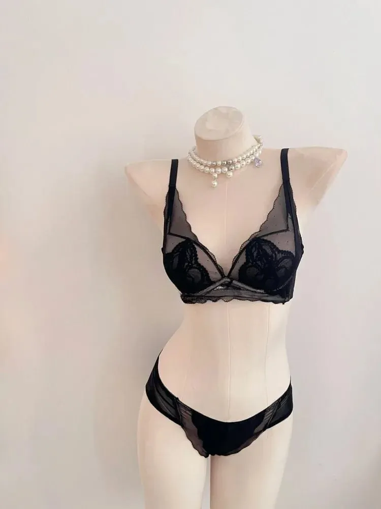 Set reggiseno senza fili in pizzo morbido stile francese da donna push up seno piccolo sollevamento coppa piena set di lingerie comfort regolabile sexy da indossare ogni giorno — image 3