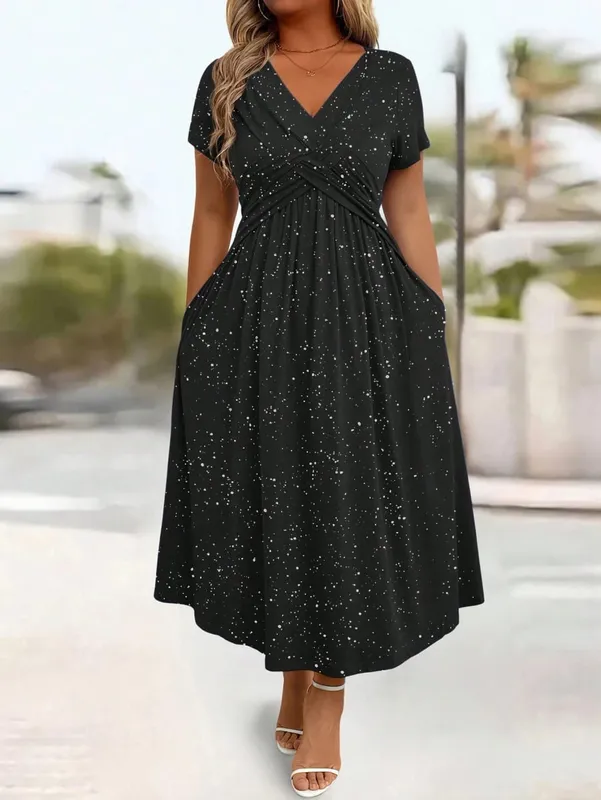 Robe élégante grande taille pour femme avec nœud torsadé brillant saupoudré de poudre avec poches et col en V