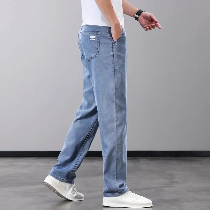Seluar Jeans Lelaki Nipis Musim Panas Lyocell Fabrik Lembut Bernafas Seluar Denim Lurus Jenama Lelaki Elastik Sutera Ais Seluar Kasual Kelabu Biru