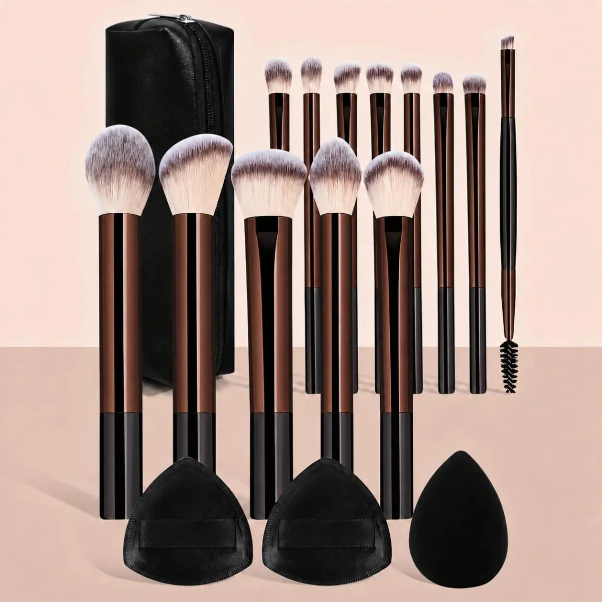 Kit per trucco professionale da 17 pezzi, incluso 13 pennelli in alluminio, borsa per il trasporto e 3 bignè in spugna, ombretto in polvere, fard e dettagli. — image 1