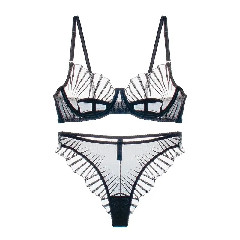 2-piece Women's Brief Sets Black Scallop Chest Cup Embroidered Lingerie Set Underwear Black Mesh Hot Unlined Minimizer Bra — image 2