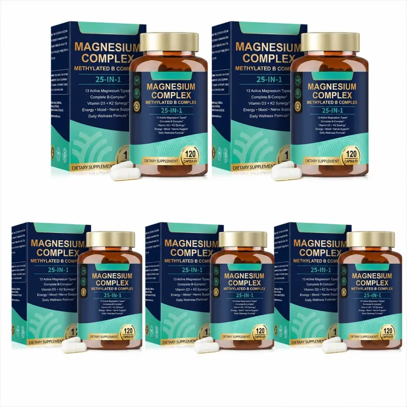 25-in-1-Magnesiumkomplex mit Glycinat, Citrat, Malat, Vitamin D3, K2, B12, Methylfolat zur Entspannung, Energie, Nerven, 120 Kapseln — image 10