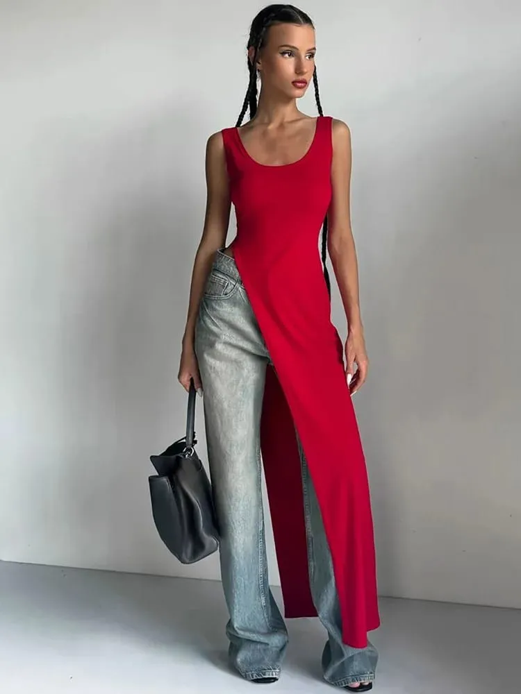Sexy sleeveless side high slit dress solid color back free women's MIDI dress summer party club streetwear y2k — image 7
