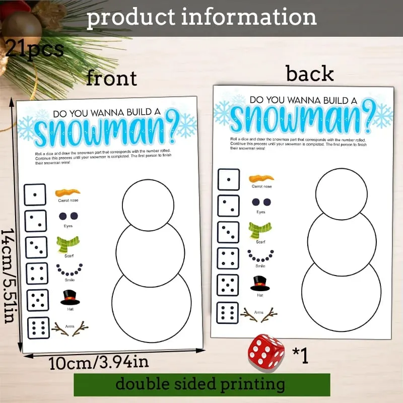 21pcs Christmas Roll a Snowman Permainan Kad Dadu Rolling Game Set Snowman Drawing Permainan Pesta Keluarga dan Permainan Pesta Percutian — image 6