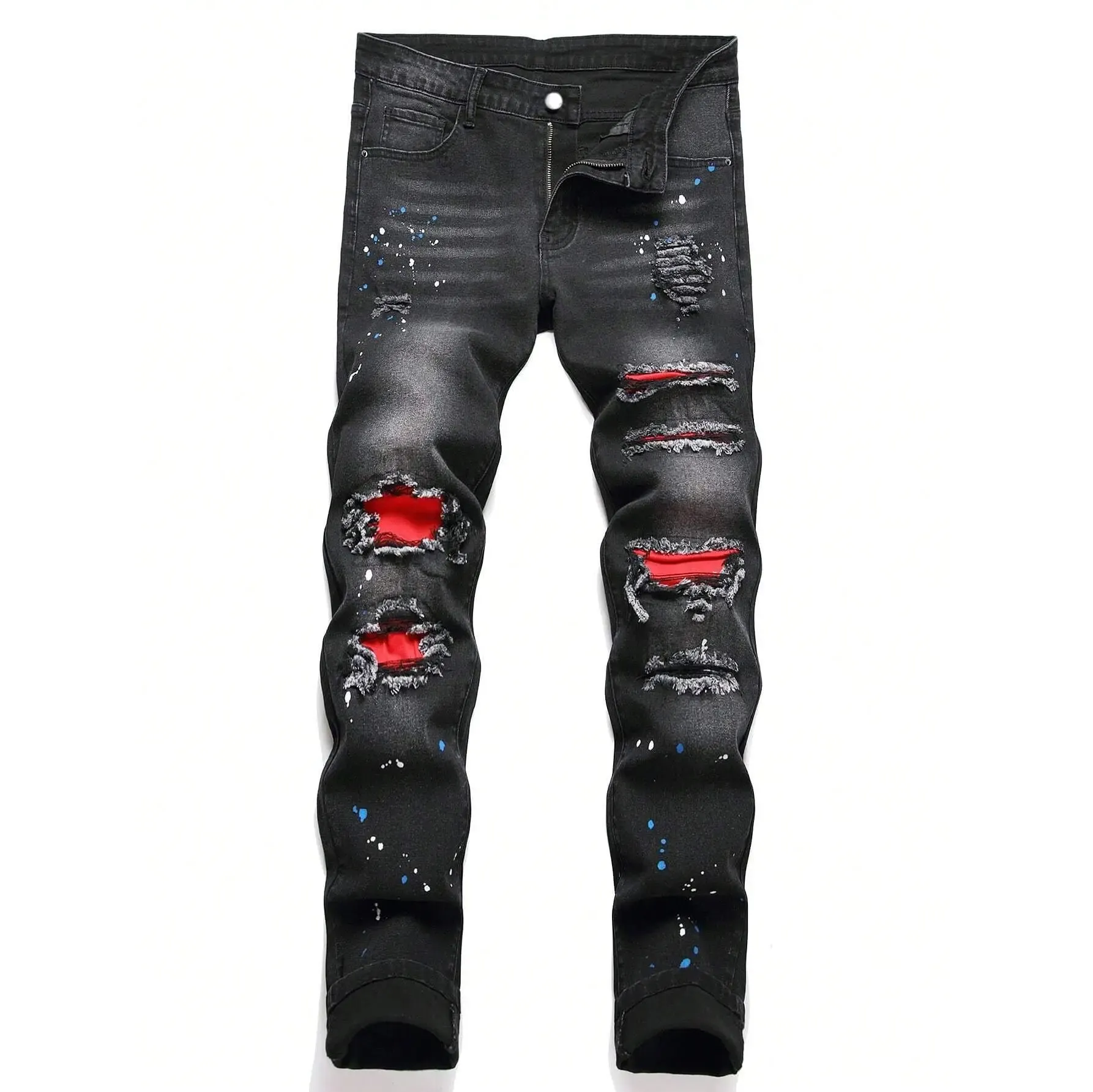 2025 ฤดูใบไม้ร่วงใหม่ยืดกางเกงยีนส์แฟชั่น Ripped Patchwork Slim ยุโรปอเมริกันกางเกงชายสี Dot Hip Hop DENIM กางเกง