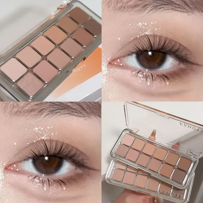 12 สีความอิ่มตัวต่ำ Matte Eyeshadow Palette ชา Apricot Earth Tones Long Lasting Pearlescent Matte Eye แต่งหน้าสำหรับทุกวันใช้