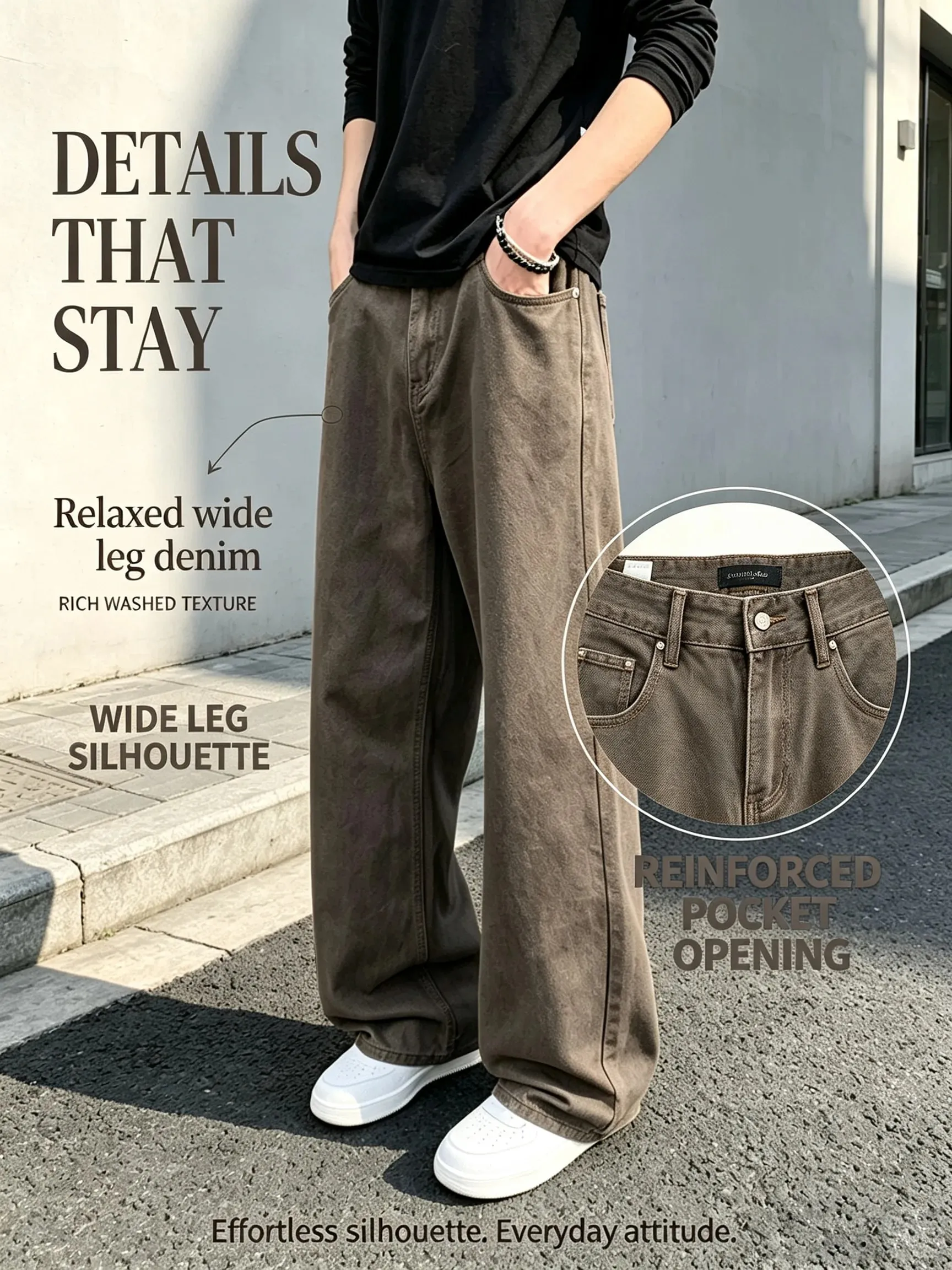 Baggy-Jeans für Herren, Retro-Stil, einfarbig, weiß, locker, weites Bein, Denim-Hose, Herren, lässig, täglich, Streetwear, gewaschene Herren-Jeanshose — image 6