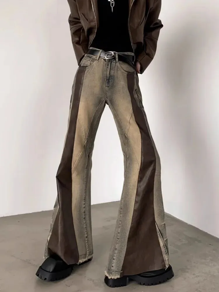 Trashy Y2K 2000S Pu skórzany patchworkowy wąskie dżinsy rozkloszowane spodnie dla mężczyzn 90S ubrania vintage Colorblock spodnie dżinsowe Moda Hombre — image 3
