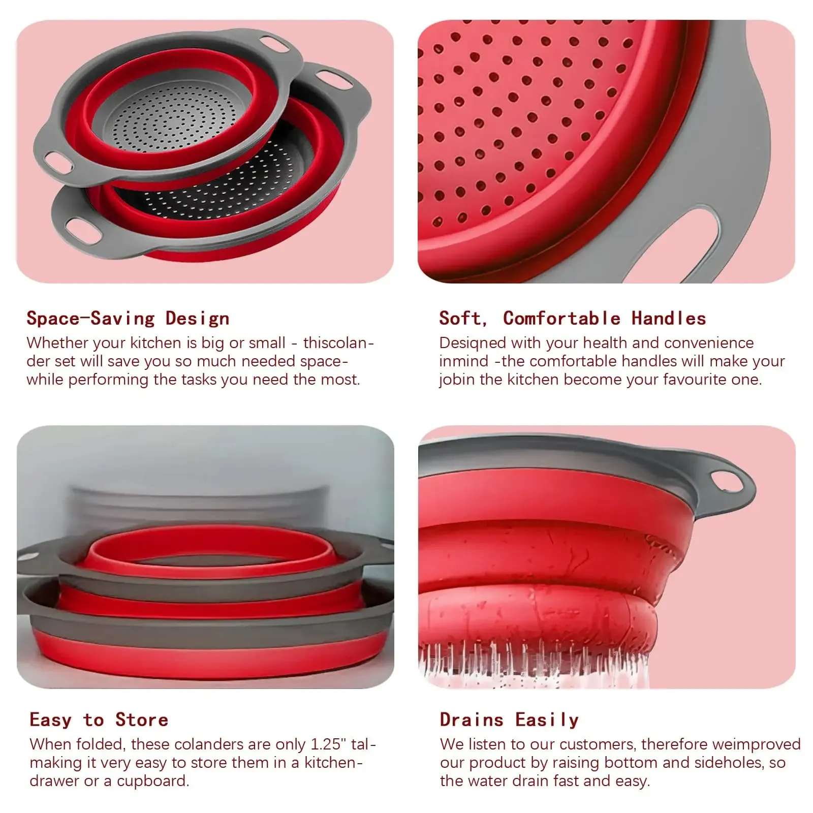 Kitchen Strainer Colander Set 2PCS Food Strainers for Kitchen Collapsible Colander with Plastic Handles for Pasta and Spaghetti